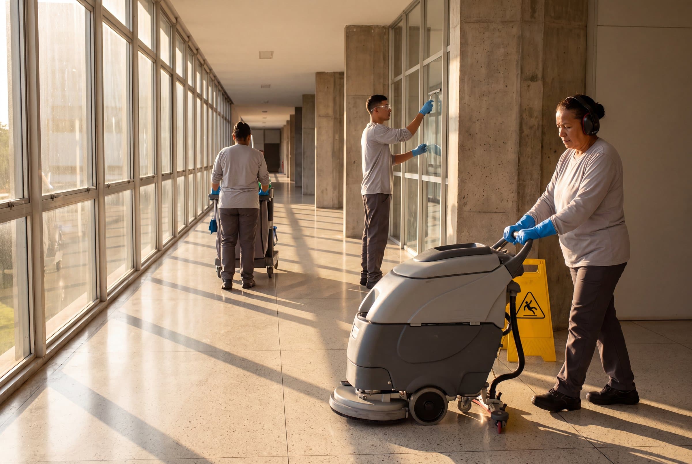 Equipe de limpeza terceirizada num corredor envidraçado de prédio público: uma servente opera a lavadora de piso em primeiro plano, outra empurra o carrinho, um colega limpa o vidro; luvas, uniforme e placa de piso molhado