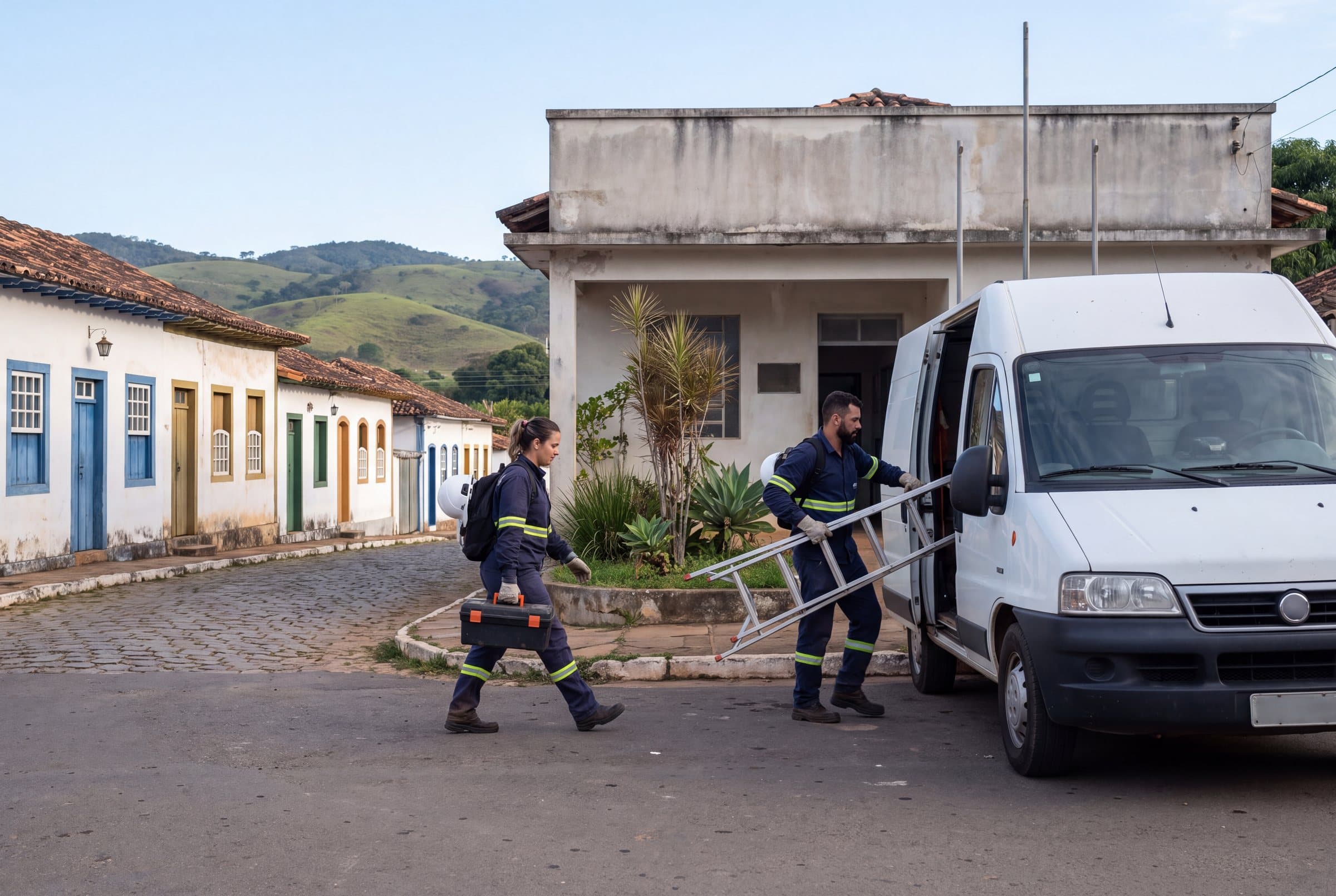 Dois técnicos descarregam a van em frente a uma agência numa cidade do interior de Minas